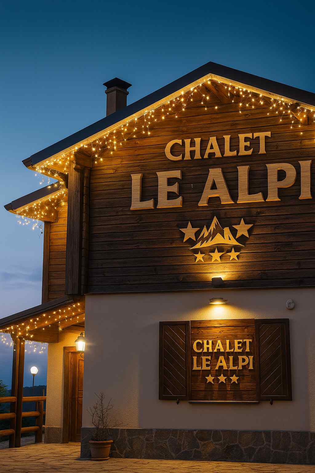 Insegna in legno Chalet Le Alpi con lettere tridimensionali e logo con montagne