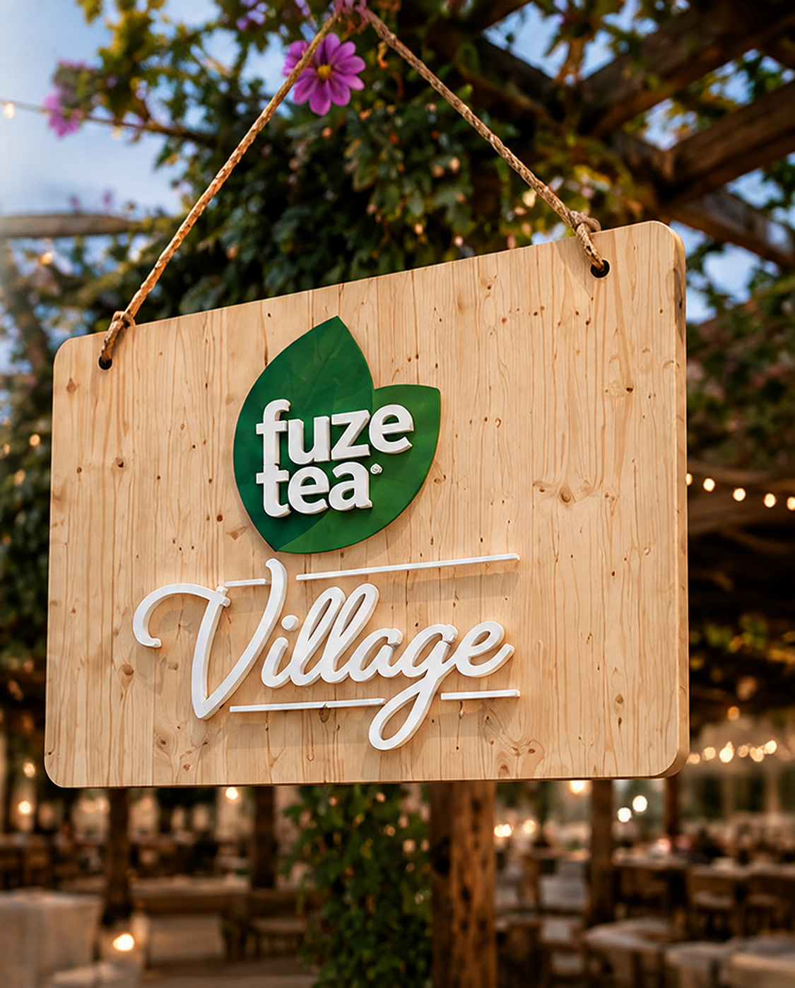 Insegna in legno Fuze Tea Village per evento a Taormina, con logo e lettering a rilievo