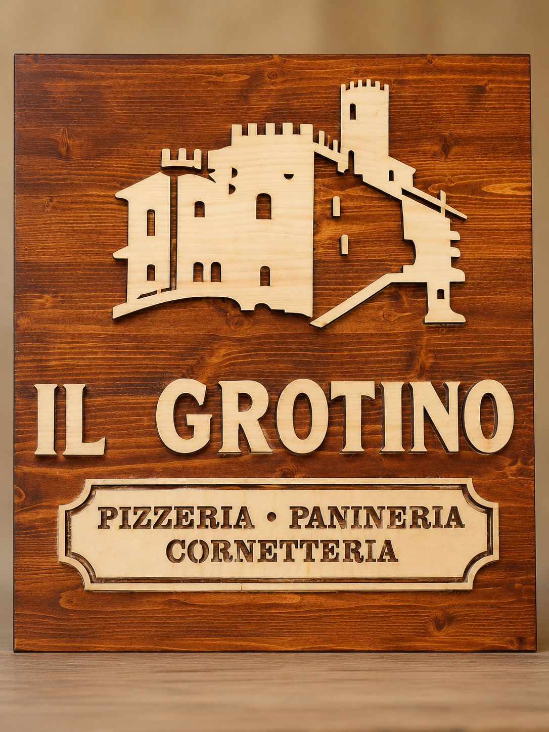 Insegna in legno personalizzata Il Grottino, pizzeria paninera e cornetteria