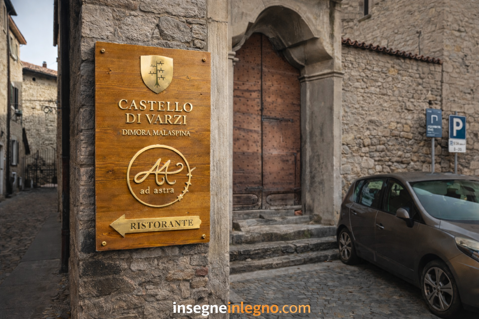 Nuova insegna in legno Ad Astra Ristorante al Castello di Varzi, Dimora Malaspina