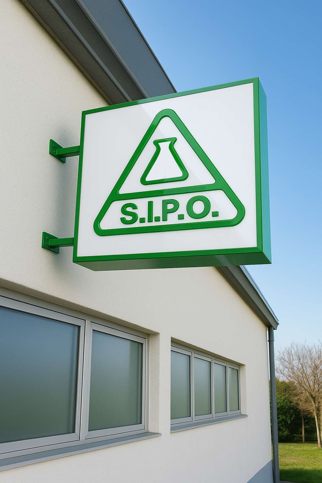 Insegna luminosa a cassonetto S.I.P.O. Srl Società Industriale Prodotti Organici a Settala Milano, in plexiglass bianco lucido con logo verde lucido intagliato al laser