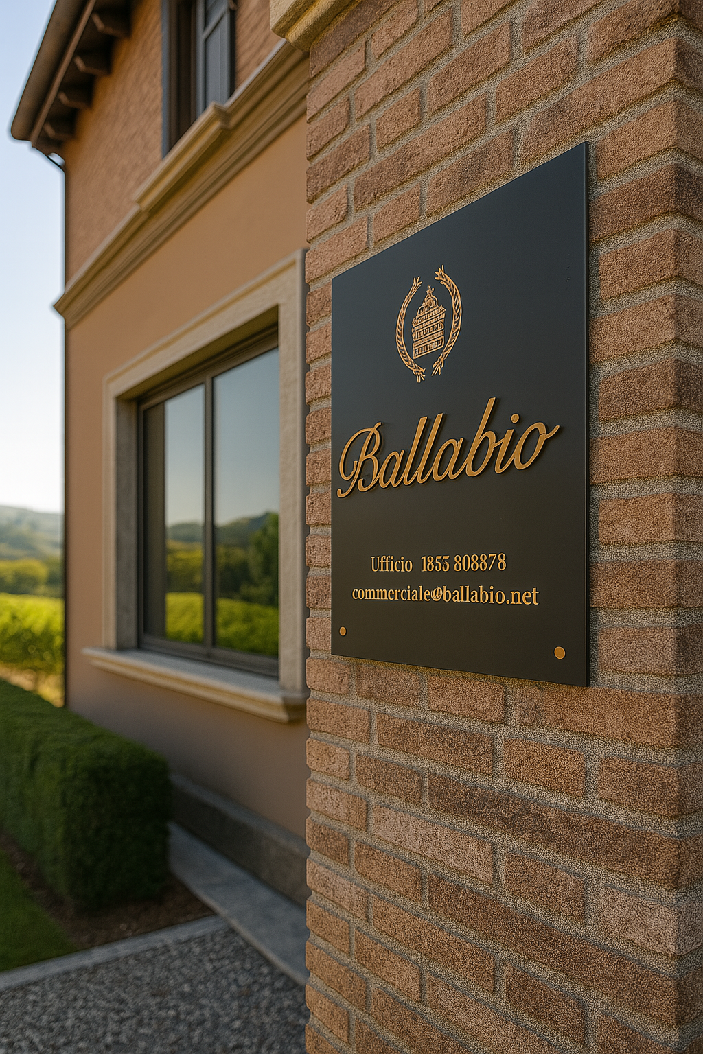 Insegna in plexiglass nero e oro Ballabio Winery installata presso la cantina di Casteggio