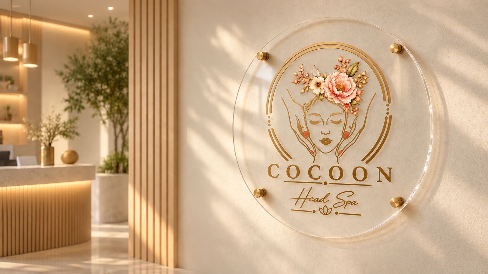 Targa in plexiglass trasparente per Cocoon Head Spa, salone benessere con logo oro e distanziali metallici