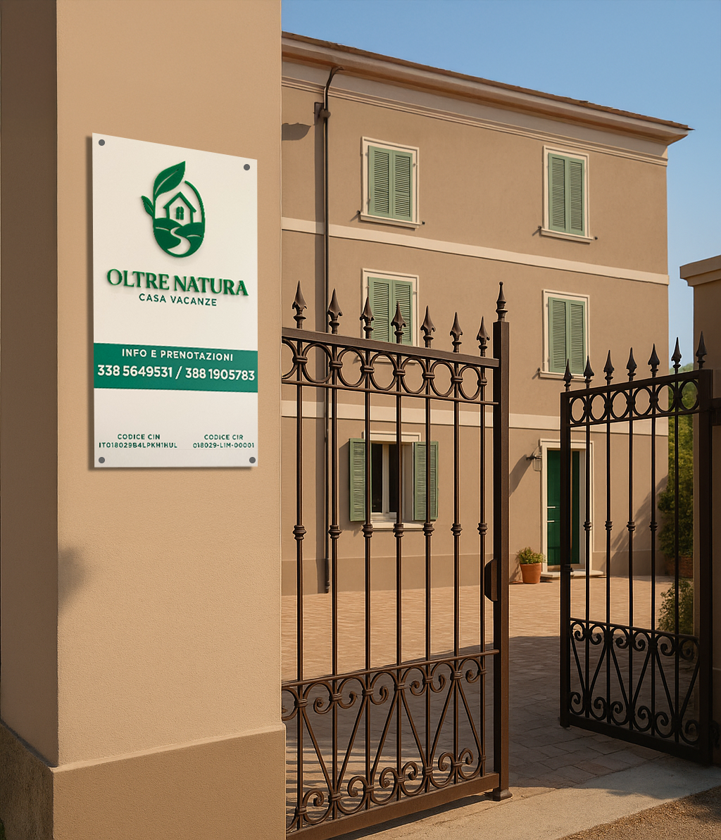 Targa in plexiglass per Oltre Natura Casa Vacanze a Canneto Pavese con logo verde lucido applicato a rilievo
