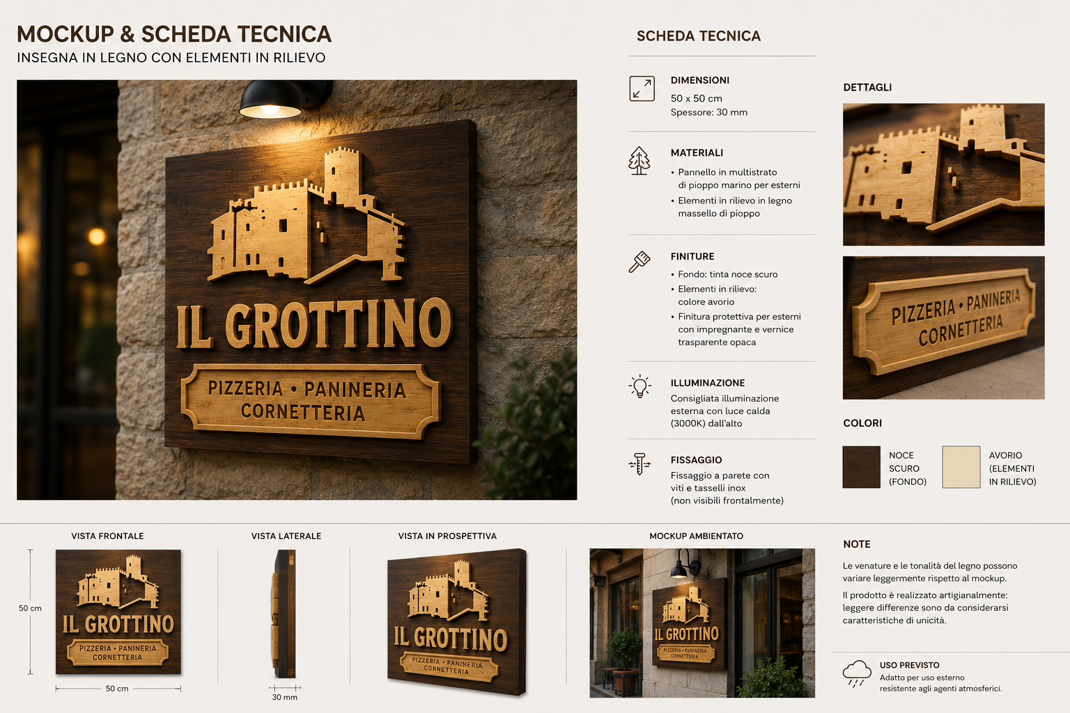 Mockup e scheda tecnica completa dell’insegna in legno Il Grottino