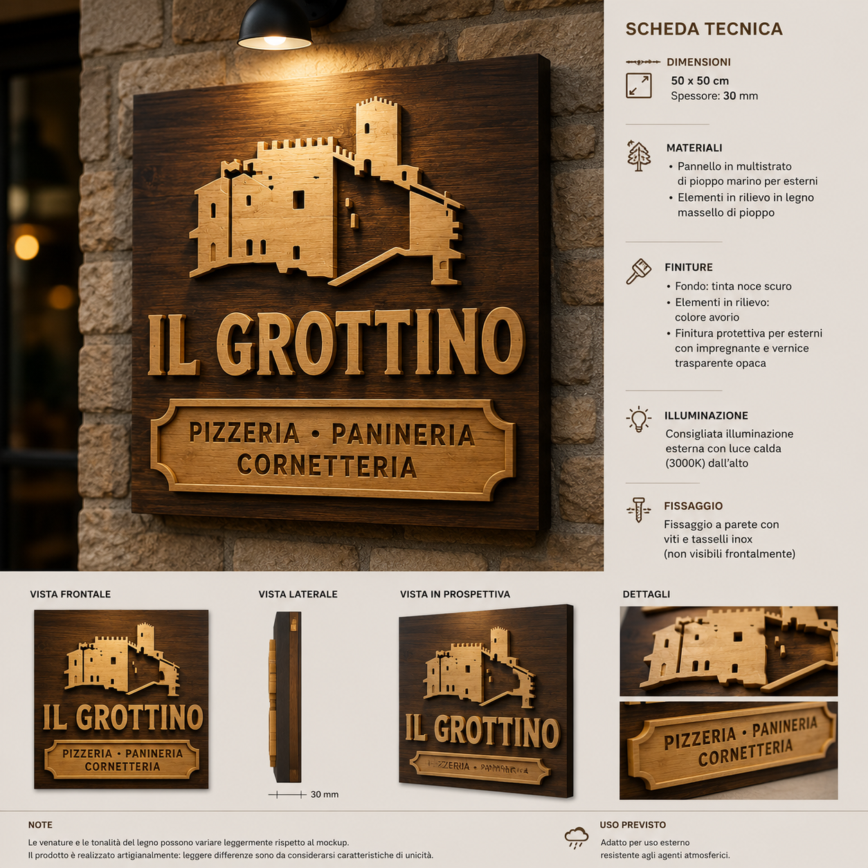 Scheda tecnica dell’insegna in legno Il Grottino con dimensioni, materiali, finiture e fissaggio