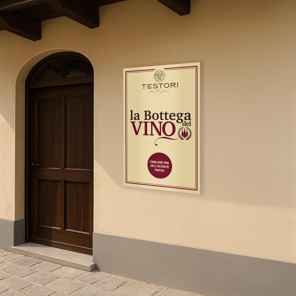 Insegna o targa in alluminio artigianale: insegna testori la bottega vino alluminio vinile prespaziato pangeacomunicazione
