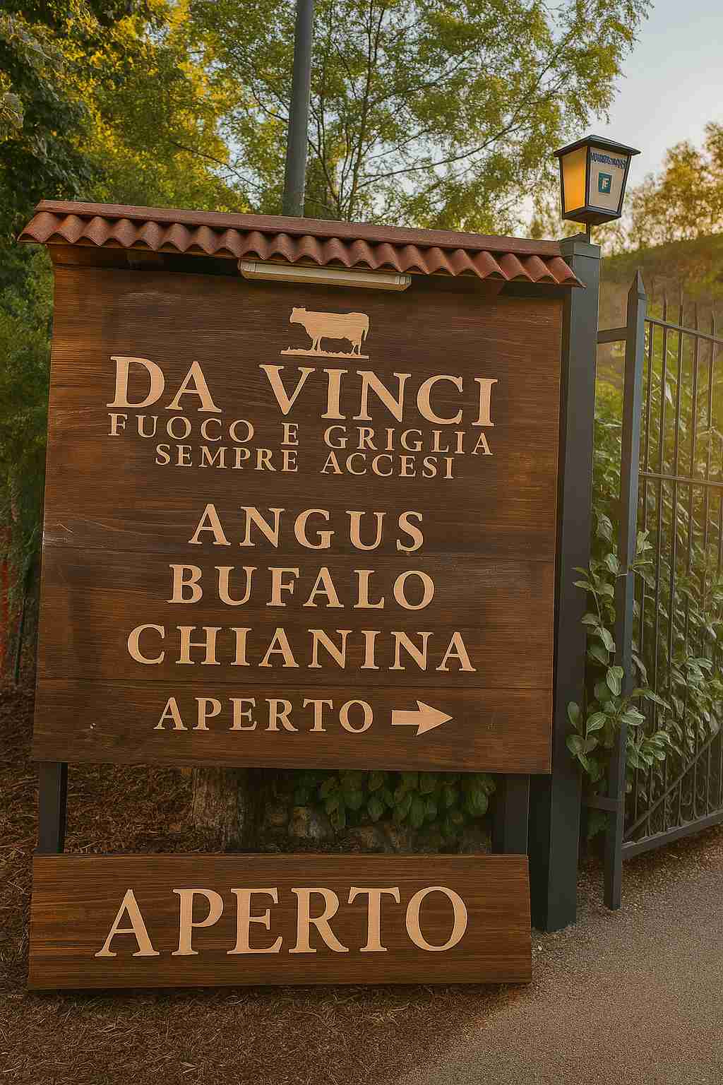 insegna ristorante da vinci legno inciso artigianale carne alla griglia pangea comunicazione
