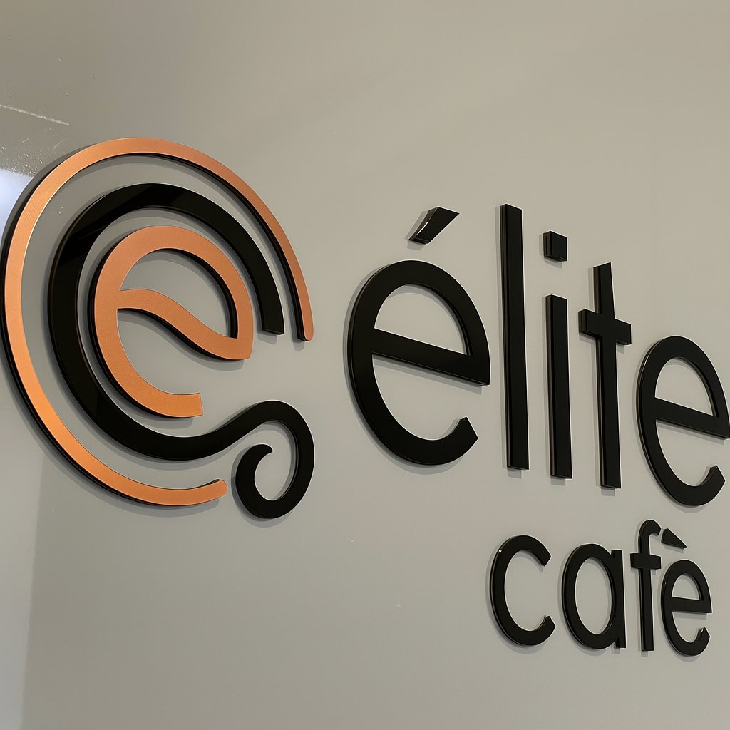 Insegna artigianale in plexiglass o materiale composito – insegna elite cafe plexiglass lucido lettere rilievo plexiglass trasparemte plexiglas bronzo e nero lucido artigianale pangeacomunicazione