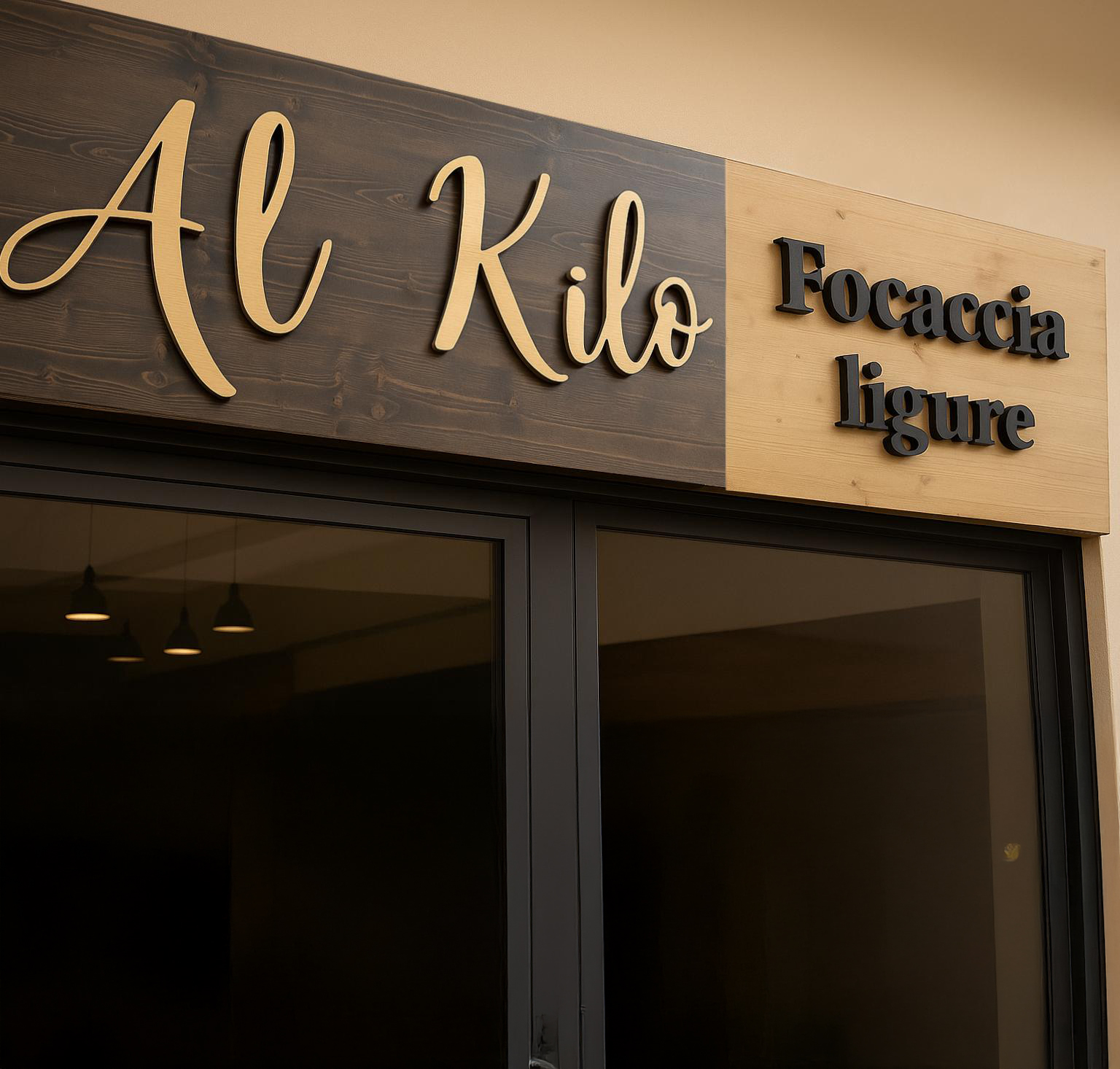 Insegna in legno personalizzata per vetrina di negozio, con scritte incise e design elegante.