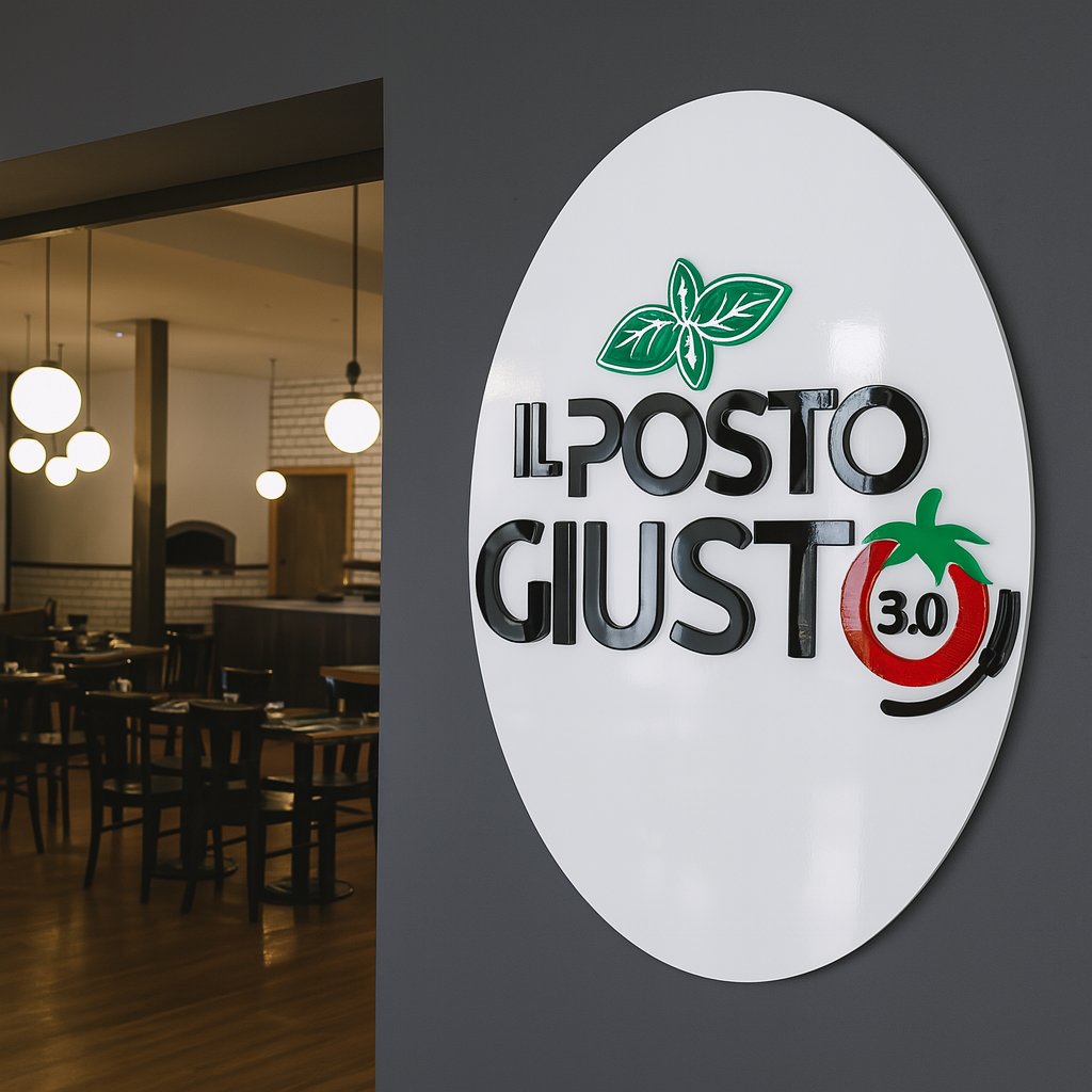 Insegna artigianale in plexiglass o materiale composito – insegna pizzeria il posto giusto plexiglass lucido colorato artigianale pangeacomunicazione