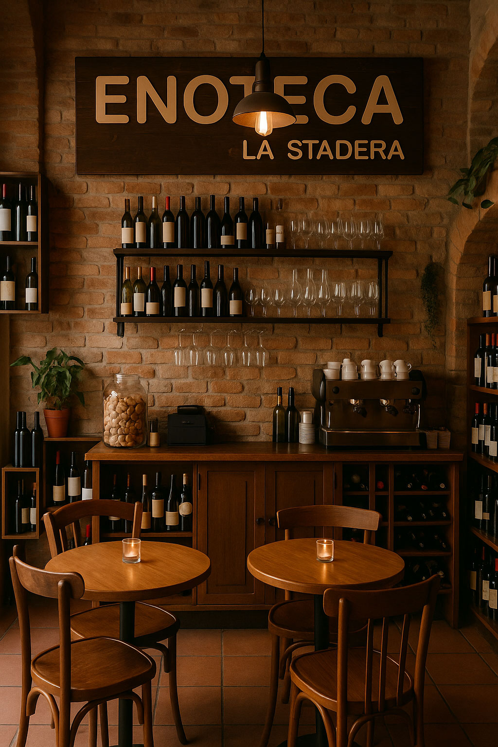 Insegna in legno artigianale con incisione laser del logo “La Stadera – Enoteca”, montata su parete in pietra. Design elegante con caratteri serif e simbolo della bilancia, ideale per locali di degustazione vini e prodotti tipici.